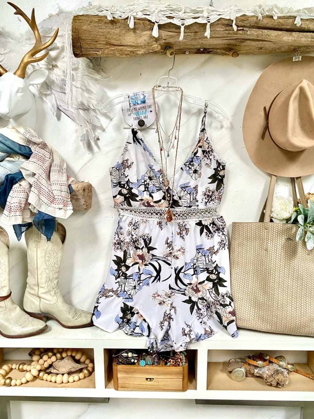 Sweet floral cami romper with lace detailing and a ruffled hem shabby chic vibe